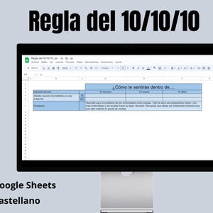 Puede incluir: Una captura de pantalla de una hoja de cálculo de Google Sheets con el título "Regla del 10/10/10" y una tabla con la pregunta "¿Cómo te sentirás dentro de..." con las cabeceras de columna "10 minutos", "10 meses" y "10 años".