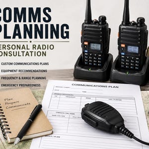 May include: Image features two black walkie-talkies in charging docks, a notepad with a pen, and a communications plan. The text reads "COMMS PLANNING" and "PERSONAL RADIO CONSULTATION" with icons for custom plans, equipment, frequency, and emergency preparedness.