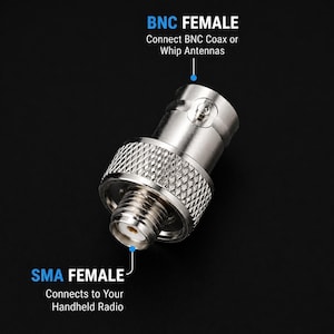 May include: A silver-colored BNC to SMA adapter. The adapter has a textured grip and is labeled "BNC FEMALE" and "SMA FEMALE". The text indicates the adapter connects BNC coax or whip antennas to a handheld radio.