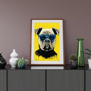 Coolt mops-konsttryck – Grumpy Dog med solglasögon (digital nedladdning)