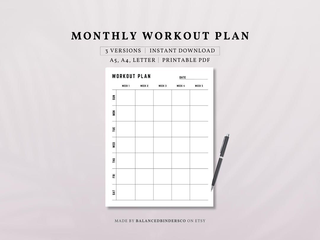 Monthly Workout Plan Printable PDF | Fitness Tracking Planner Page ...