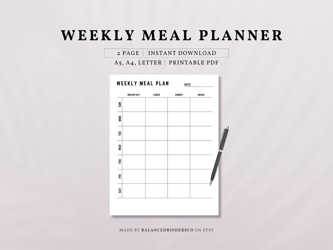 Weekly Meal Planner Printable PDF | Meal Prep Organizer Journal Insert ...