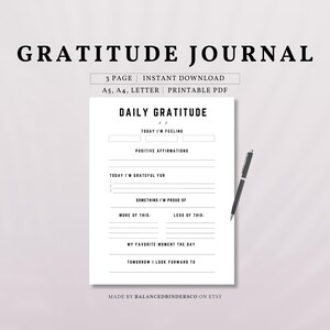 Gratitude Journal Printable PDF Template | Reflection Digital Planner Page, Personal Growth Tracking, Daily Mental Health Log, Mindfulness