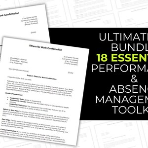 Könnte beinhalten: Zwei weiße Dokumente mit dem Titel "Fitness for Work Confirmation" werden angezeigt, mit Text und Feldern für Details. Die Dokumente befinden sich vor einem schwarzen Hintergrund mit dem Text "ULTIMATE HR BUNDLE 18 ESSENTIAL PERFORMANCE & ABSENCE MANAGEMENT TOOLKIT."