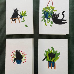 Tarjetas de notas pintadas a mano con gatos destruyendo plantas
