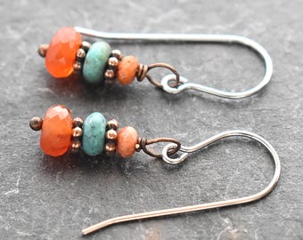 Fossil Coral, Turquoise, and Orange Carnelian Gemstone Earrings