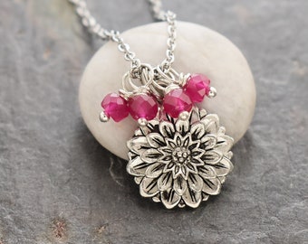 Dahlia Necklace, Ruby Necklace, Dahlia Jewelry, Chrysanthemum Necklace, Flower Jewelry