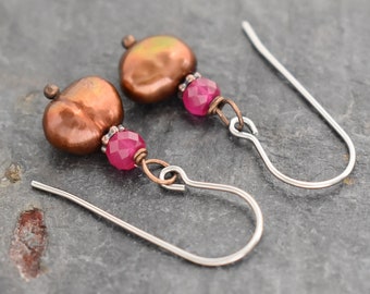 Pearl Earrings, Ruby, Copper Pearl Earrings, Dangle Earrings