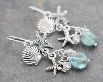 Starfish Seashell Earrings, Aquamarine, Blue Apatite, Beach Earrings