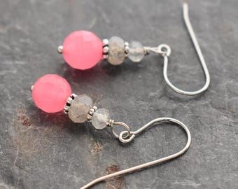 Gray Labradorite and Pink Jade Earrings,