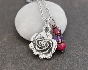 Rose Necklace, Rudy, Amethyst, Garnet, Flower Jewelry