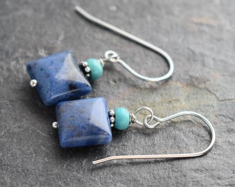 Turquoise and Dumorierite Gemstone Earrings, Navy Blue Earrings