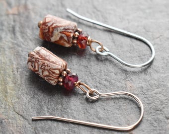 Garnet and Leopard Skin Jasper Gemstone Earrings