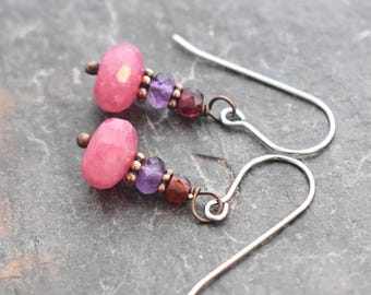 Garnet, Amethyst, Pink Raspberry Jade Dangle Gemstone Earrings