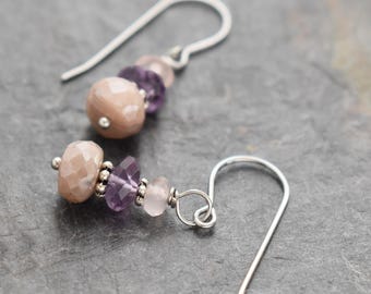 Rose Quartz, Amethyst, Peach Lavender Moonstone Earrings