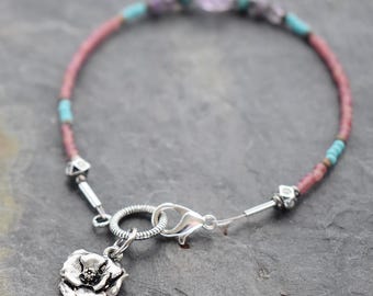 Rose Charm Seed Bead Bracelet, Turquoise, Amethyst