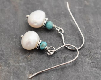 Turquoise and White Pearl Earrings, Dainty Earrings