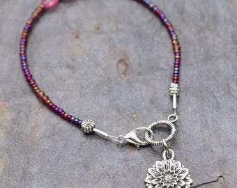 Dahlia Flower Charm Bracelet: Ruby Seed Bead & Garnet Gemstone