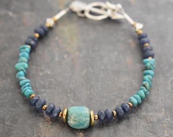 Navy Blue Jade and Turquoise Beaded Gemstone Bracelet