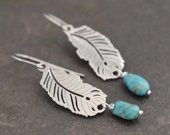 Silver Feather Turquoise Earrings, Boho Earrings