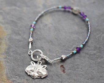 Raccoon Bracelet, Seed Bead, Gray Purple Amethyst, Raccoon Lover Gift