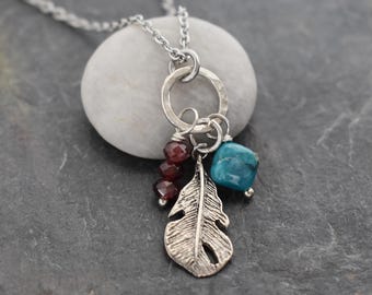 Tiny Feather Garnet Turquoise Necklace