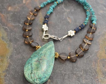 Beaded Chrysocolla, Turquoise Gemstone Necklace, Laying Necklace