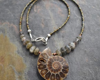 Beaded Labradorite Fossilized Ammonite Necklace