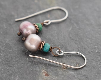 Turquoise and Lavender Pearl Earrings, Dainty Earrings