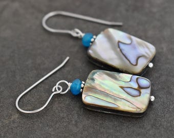 Blue Apatite, Abalone Shell Earrings