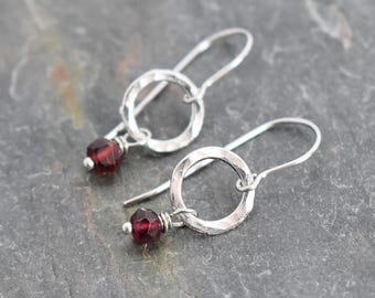 Garnet Earrings, Hammered Silver Circles Gemstone Earrings