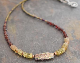 Beaded Garnet & Biwa Pearl Necklace, Seed Bead Laying Necklace