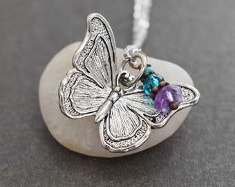 Butterfly Necklace, Turquoise, Blue Quartz, Amethyst, Butterfly Pendant