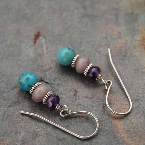 Amethyst and Lilac jasper and Turquoise Earrings