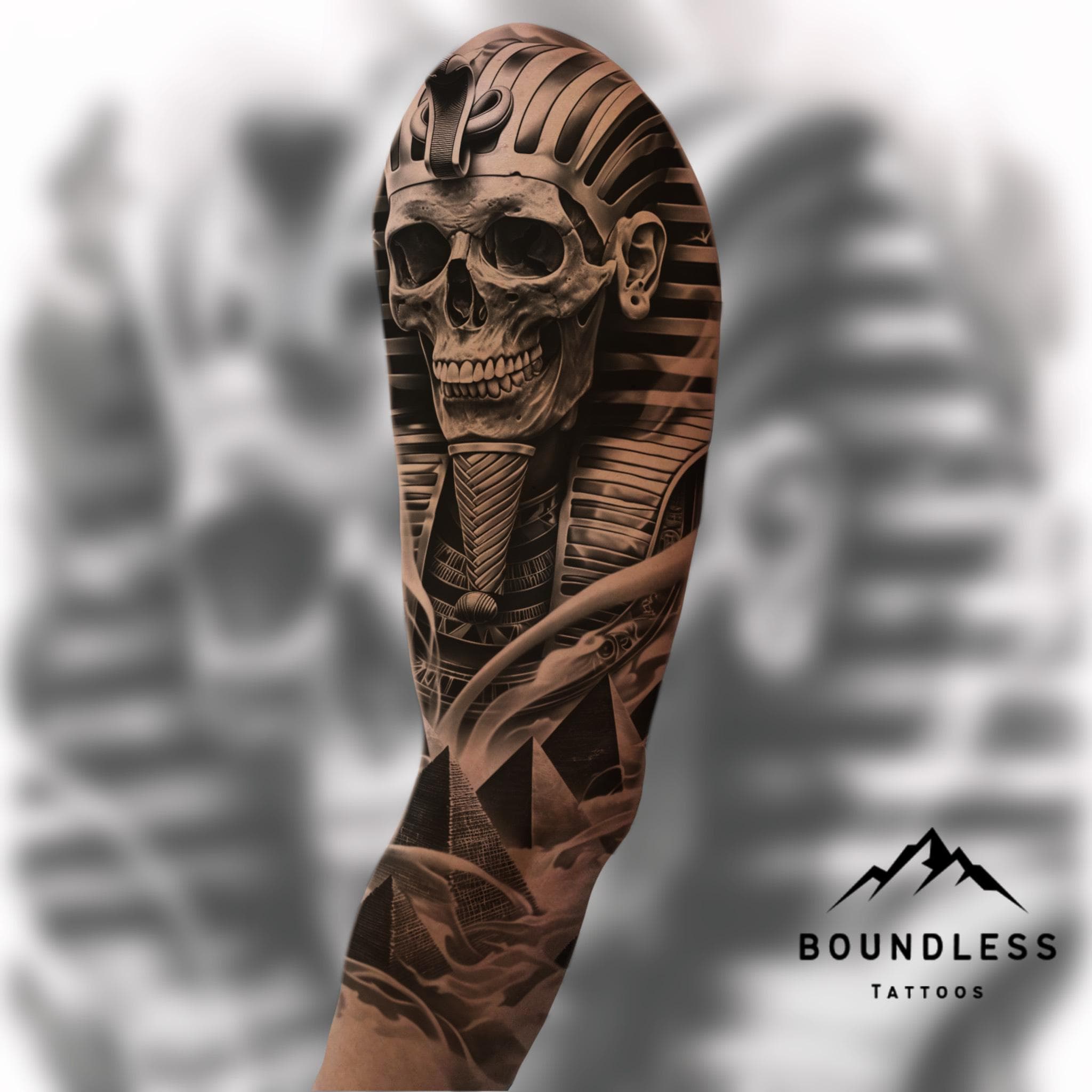Pharaoh Egyptian Half Sleeve Tattoo Design – Black and Grey Realism Upper Arm Tattoo | Ready-to-Use Digital Download