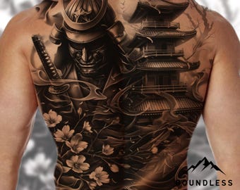 Japanese Samurai Cherry Blossom Egyptian Half Sleeve Tattoo Design – Black and Grey Realism Upper Arm Tattoo | Ready-to-Use Digital Download