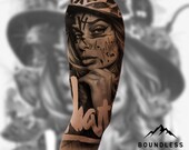 Chicano Half Sleeve Tattoo Design – Black and Grey Blackwork Upper Arm Tattoo | Ready-to-Use Digital Download