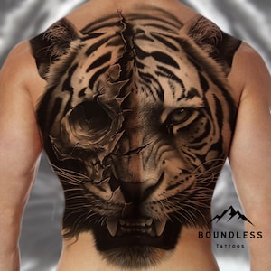 Realistic Tiger & Skull Tattoo Design - Bold Half-Skull Tiger Face Art for Half-Sleeve Tattoos