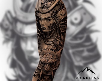 Samurai Japanese Half Sleeve Tattoo Design – Black and Grey Blackwork Upper Arm Tattoo | Ready-to-Use Digital Download