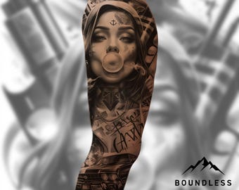 Bubble Chicano Girl Half Sleeve Tattoo Design – Black and Grey Chicano Realism Upper Arm Tattoo | Ready-to-Use Digital Download