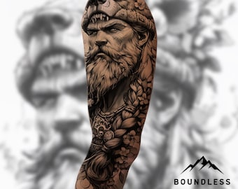 Viking Half Sleeve Tattoo Design – Black and Grey Blackwork Upper Arm Tattoo | Ready-to-Use Digital Download