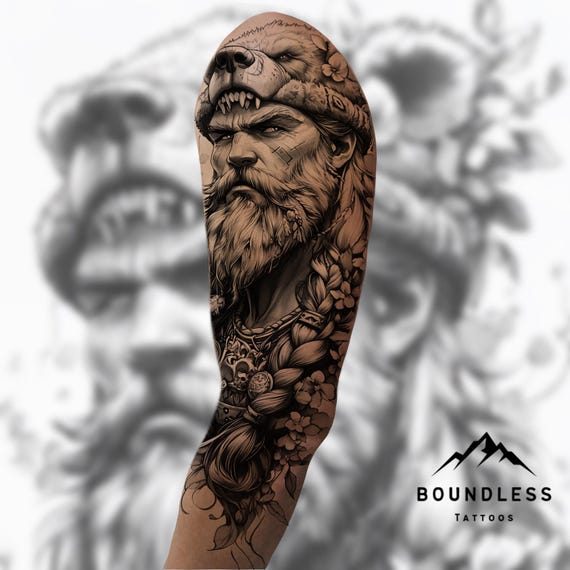 Viking Half Sleeve Tattoo Design – Black and Grey Blackwork Upper Arm Tattoo