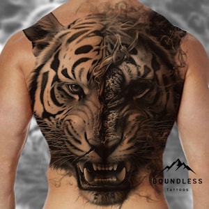 Realistic Tiger & Skull Tattoo Design - Bold Half-Skull Tiger Face Art for Half-Sleeve Tattoos