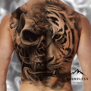 Realistic Tiger & Skull Tattoo Design - Bold Half-Skull Tiger Face Art for Half-Sleeve Tattoos