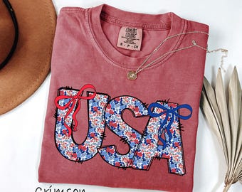 Comfort Colors® Coqette Bow Usa TShirt, 4th of July shirt, American Shirt, Fourth of July Shirt, 4th of July Tee, Floral Patriotic T-Shirt