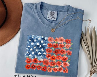 Comfort Colors® Floral USA Flag T-Shirt, Floral American Flag Shirt, Womens USA Shirt, Patriotic Gift, 4th of July Sweatshirt, Patriotic Tee