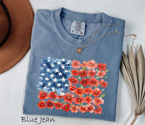 Comfort Colors® Floral USA Flag T-Shirt, Floral American Flag Shirt, Womens USA Shirt, Patriotic Gift, 4th of July Sweatshirt, Patriotic Tee