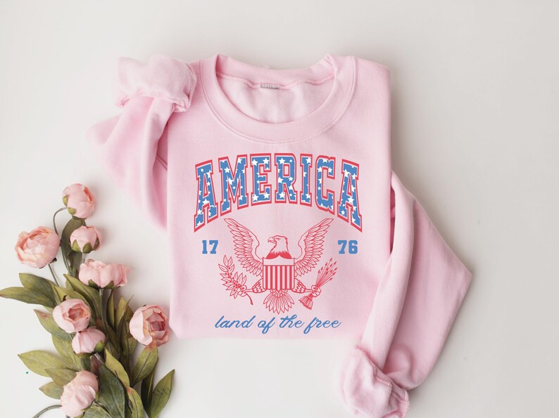 May include: Pink sweatshirt with a vintage-style graphic of an eagle and the text "AMERICA 17 76 land of the free".