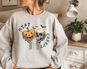 Stay Creepy Sweatshirt, Womens Halloween Sweatshirt, Cute Skeleton Hands Hoodie, Funny Halloween Sweater, Skull Tee, Spooky Season Shirt