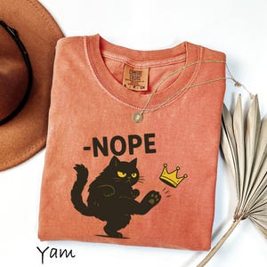 May include: A coral-colored t-shirt with the word "-NOPE" above a black cat kicking a gold crown. The cat has yellow eyes and a grumpy expression. A gold necklace and a brown hat are also in the image.
